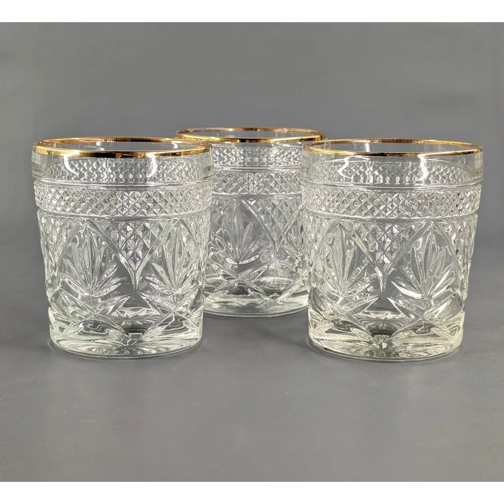 Vintage Cut Glass Gold Rim Rocks Glasses Set of 3 Diamond Fan Pattern Barware